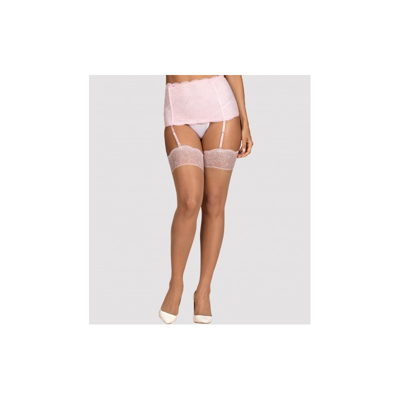 Бежевые чулки с нежно-розовым кружевом Girlly L/XL