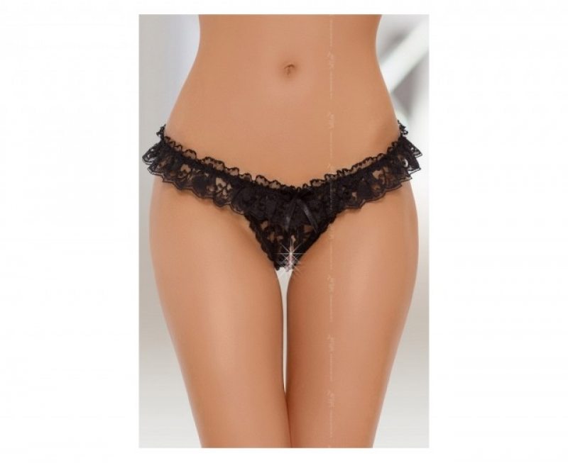 Кружевные черные открытые стринги S/L