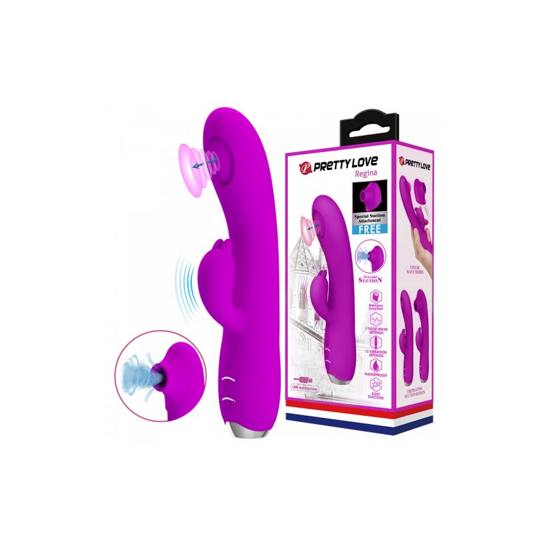 Вакуумно-волновой вибратор с пульсацией и клиторальным стимулятором Pretty Love Regina пурпурный
