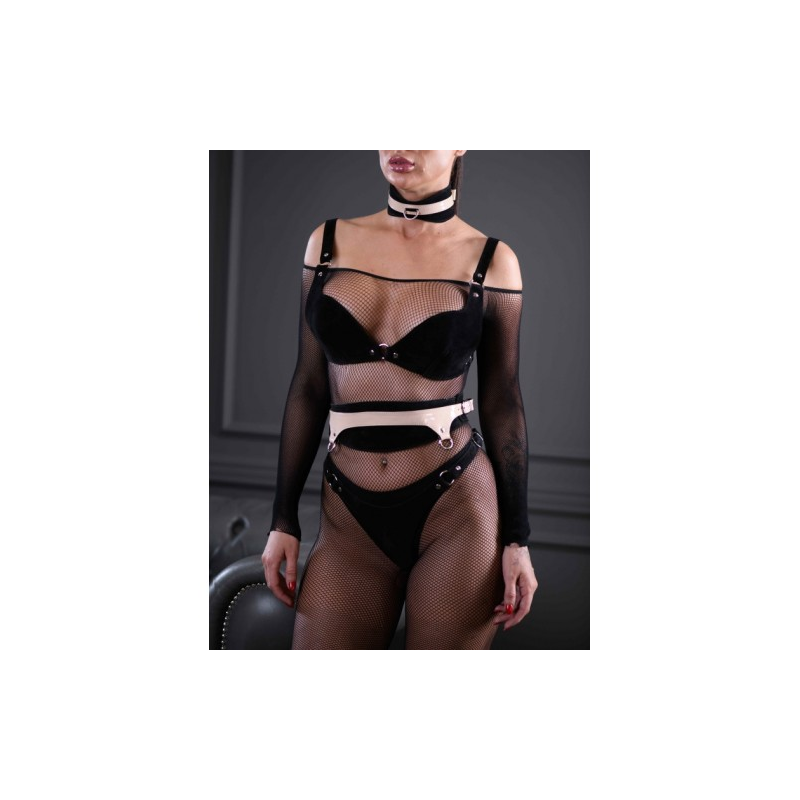 Черный пояс Sex Game из натуральной замши с бежевой лакированной вставкой