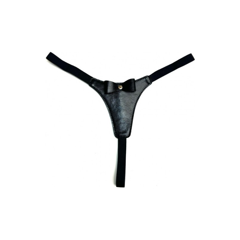 Сексуальные стринги черного цвета из экокожи декорированные бантиком