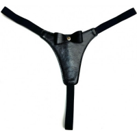 Сексуальные стринги черного цвета из экокожи декорированные бантиком