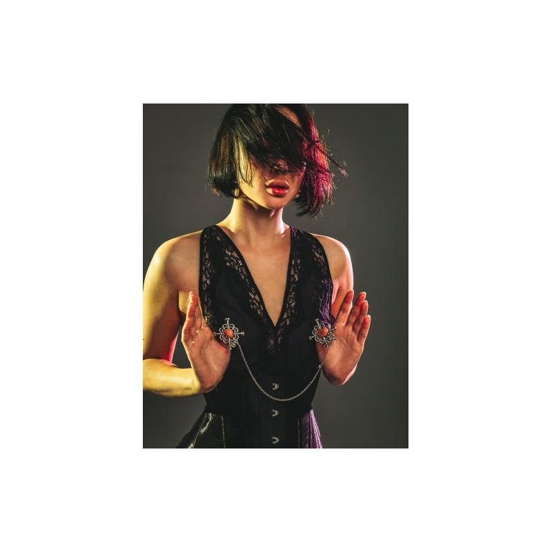 Жесткие зажимы на соски с бубенчиками и цепочкой Party Hard Dare You