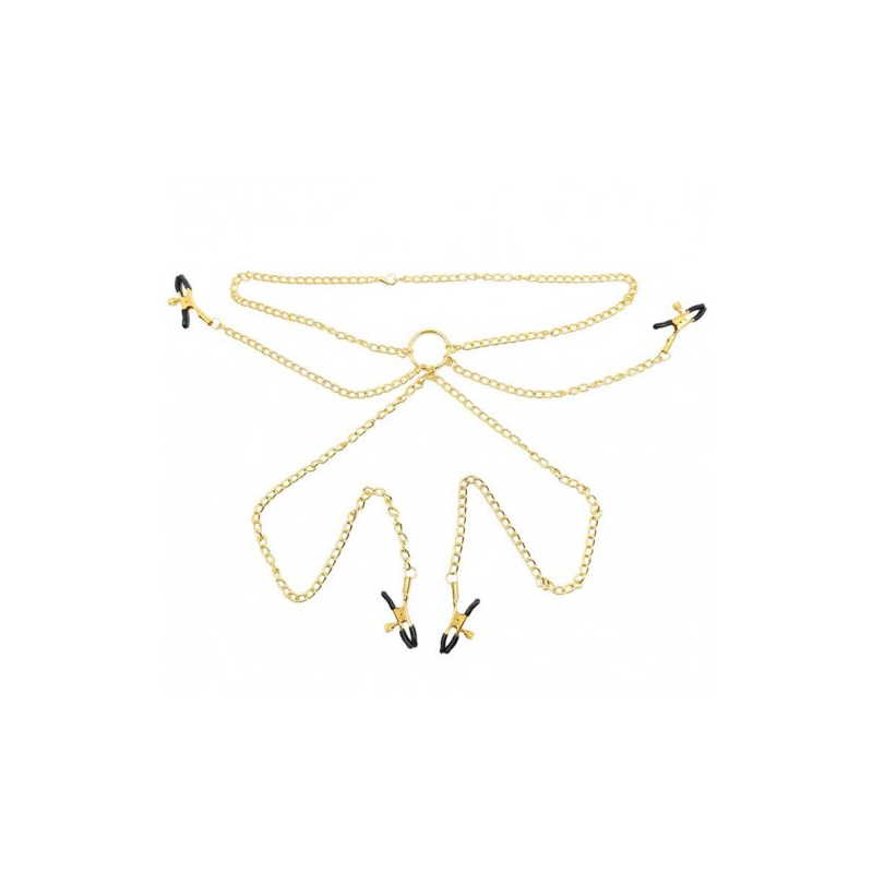 Золотые зажимы на соски и половые губы с цепью на шею