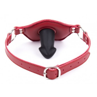 Силиконовый кляп-фаллос на красном ремне в виде губ