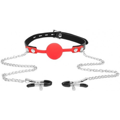 Красный кляп с зажимами для сосков и замочком Notabu