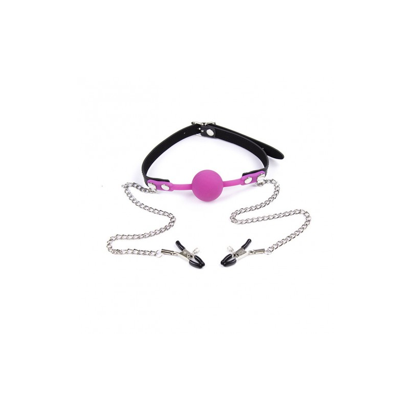 Силиконовый кляп пурпурный и зажимы для сосков