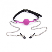 Силиконовый кляп пурпурный и зажимы для сосков