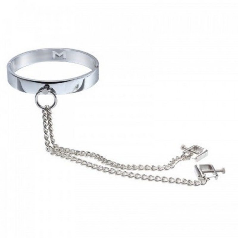 Широкий стальной ошейник женский с зажимами для сосков