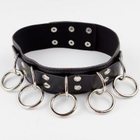 Чёрный ошейник БДСМ с металлическими кольцами и цепью