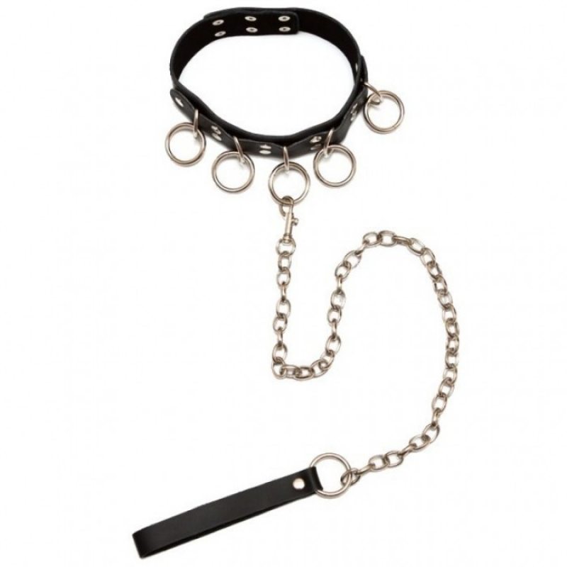 Чёрный ошейник БДСМ с металлическими кольцами и цепью