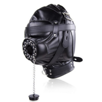 Бондажный черный шлем с кляпом