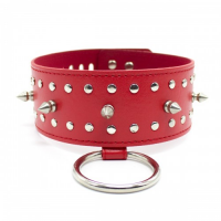 Ошейник с шипами и поводком на цепочке красный