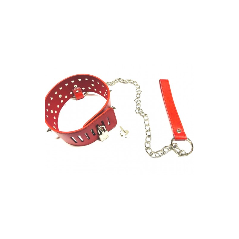 Ошейник с шипами и поводком на цепочке красный