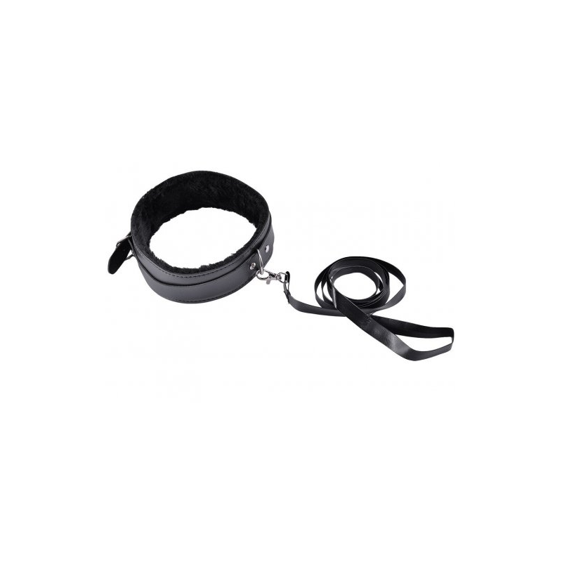Черный ошейник с меховой подкладкой и поводком