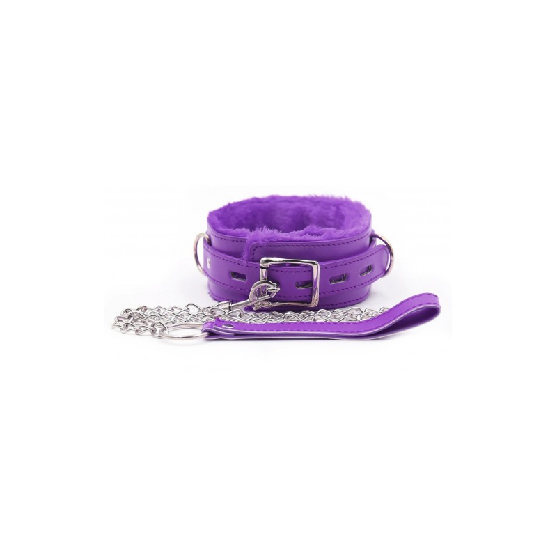 Фиолетовый ошейник с мехом и металлическим поводком