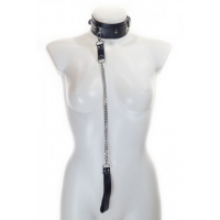 Классический черный БДСМ ошейник с металлическим поводком