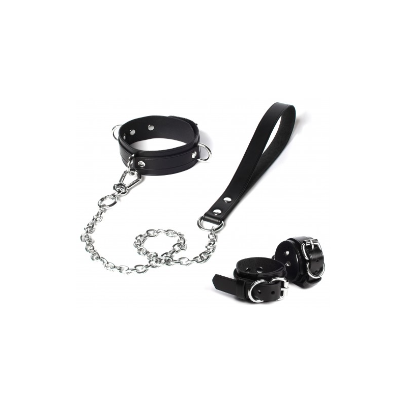 Кожаный набор ошейник с поводком и наручники черный