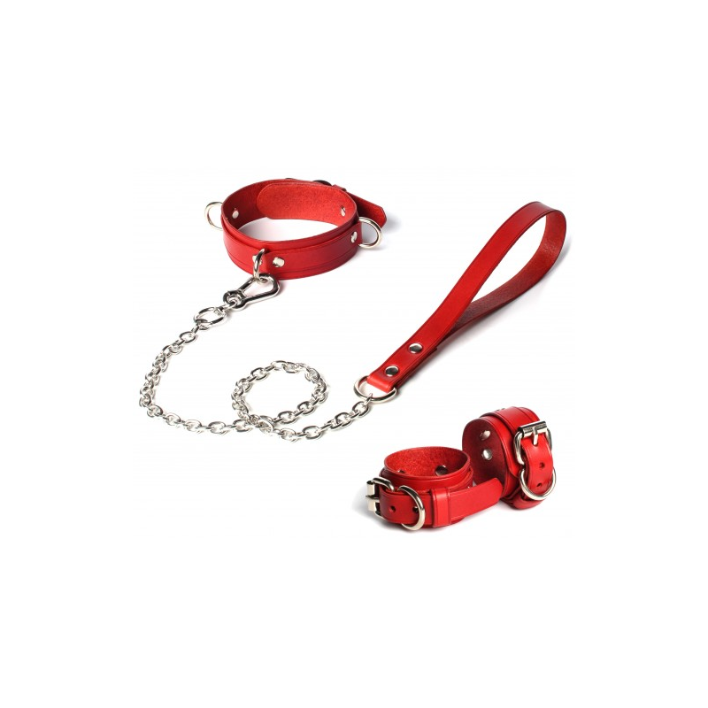 Кожаный набор ошейник с поводком и наручники красный