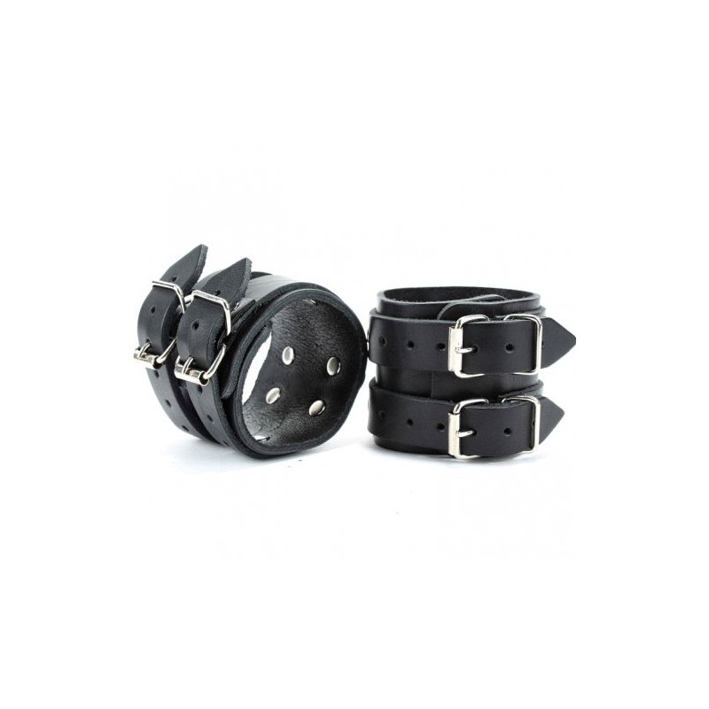 Широкие наручники из плотной натуральной кожи с двумя ремешками