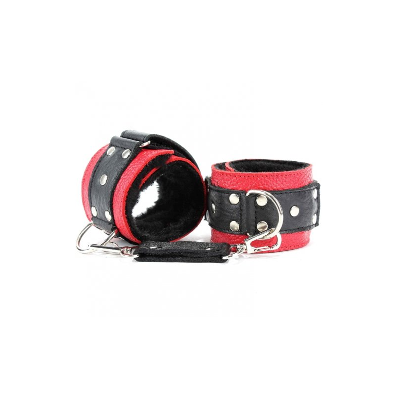 Кожаные черно-красные наручники на липучке с черным меховым подкладом
