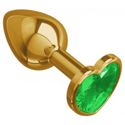 Золотистая анальная пробка с зеленым камушком в виде сердечка M