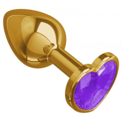 Золотистая анальная пробка с фиолетовым камушком в виде сердечка M