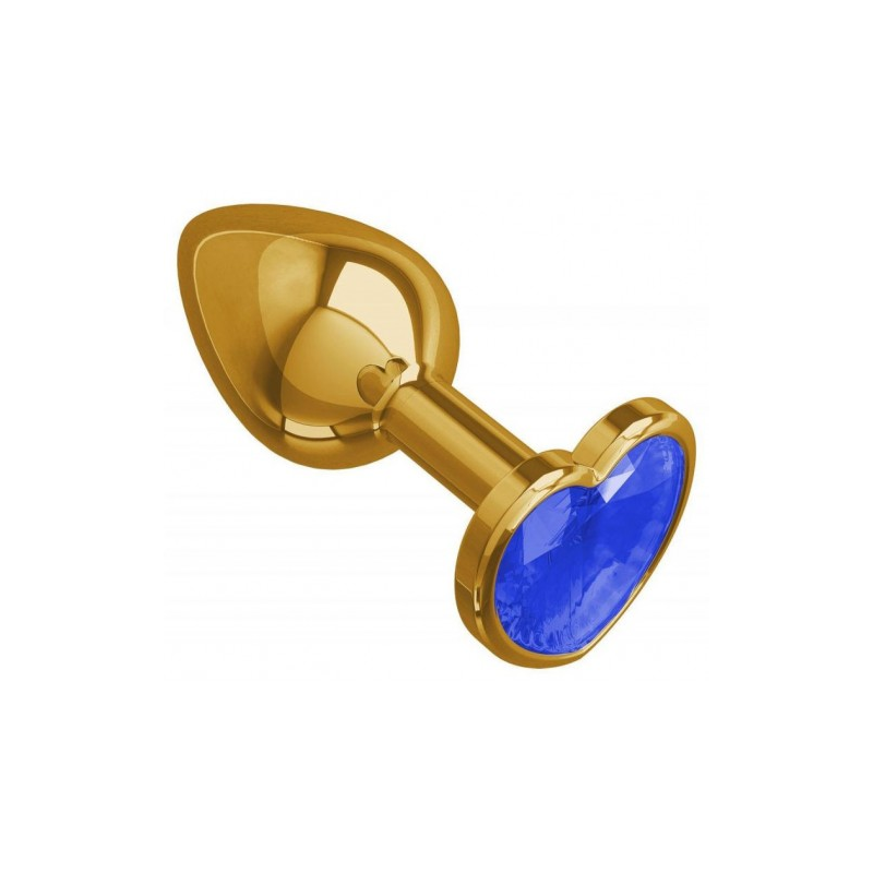 Золотистая анальная пробка с синим камушком в виде сердечка L