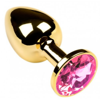 Золотая металлическая анальная пробка с камушком розового цвета S