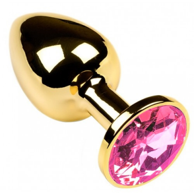Золотая металлическая анальная пробка с камушком розового цвета M