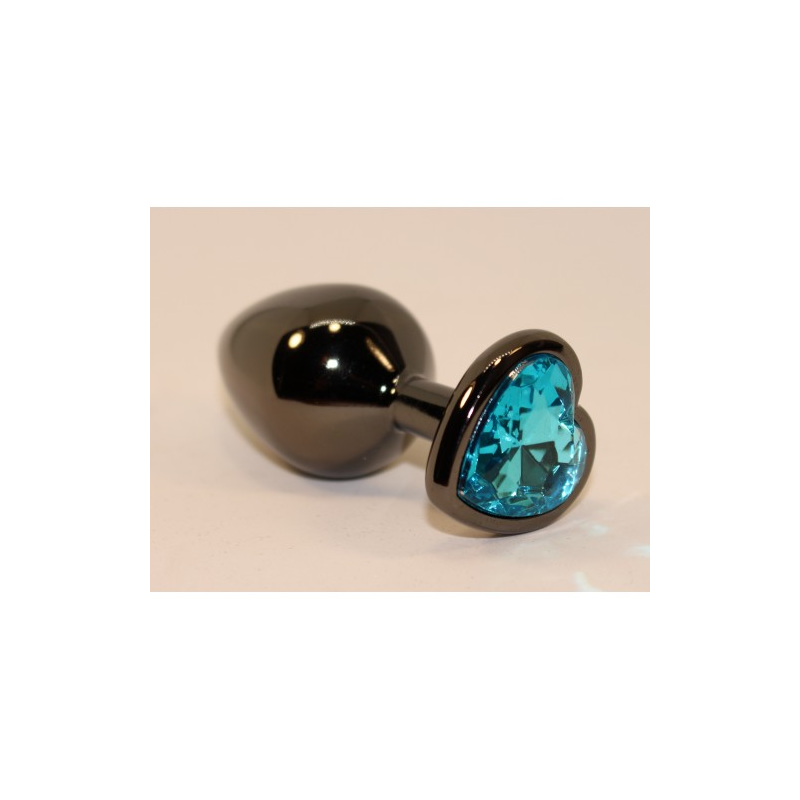Анальная пробка черного цвета с ярким кристаллом голубого цвета в форме сердечка размер M