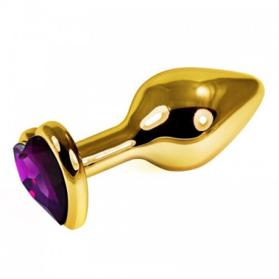 Анальная пробка с фиолетовым камушком-сердечком золотого цвета