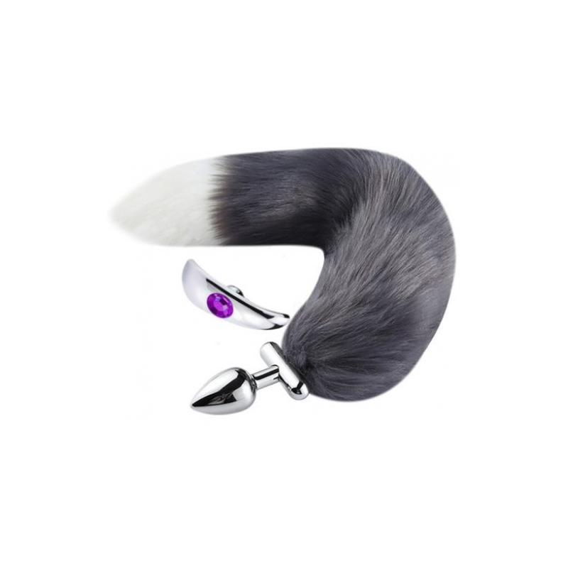 Металлическая анальная пробка с съемным хвостиком и кристаллом фиолетового цвета