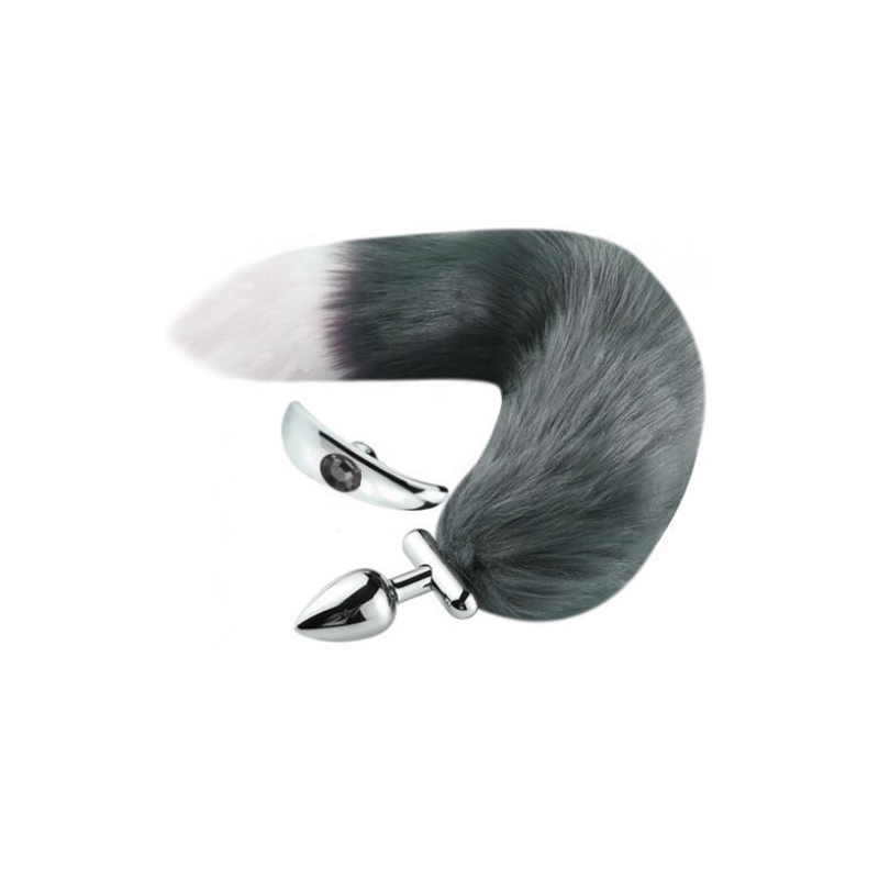 Металлическая анальная пробка с съемным хвостиком и кристаллом черного цвета