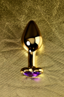 Анальная втулка Metal by TOYFA, металл, золотистая, с кристаллом цвета аметист, 8 см, Ø 3 см, 165 г
