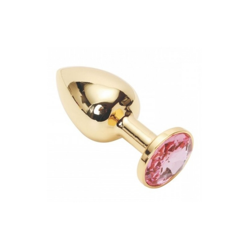 Золотая металлическая анальная пробка с камушком нежно розового цвета S