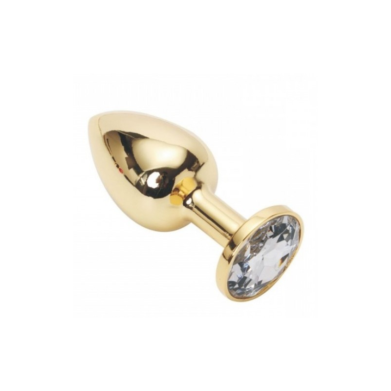 Золотая металлическая анальная пробка с прозрачным камушком S