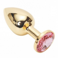 Золотая металлическая анальная пробка с камушком нежно розового цвета M