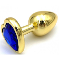 Золотая металлическая анальная пробка с синим камушком в виде сердечка S