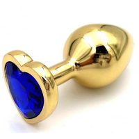 Золотая металлическая анальная пробка с синим камушком в виде сердечка S