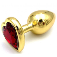 Золотая металлическая анальная пробка с красным камушком в виде сердечка S