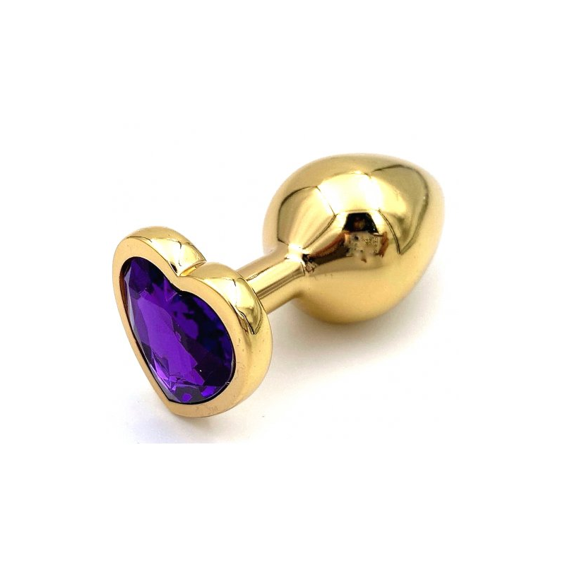 Золотая металлическая анальная пробка с фиолетовым камушком в виде сердечка S