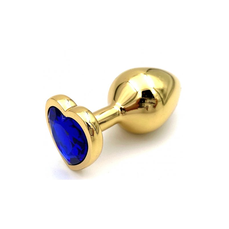 Золотая металлическая анальная пробка с синим камушком в виде сердечка M