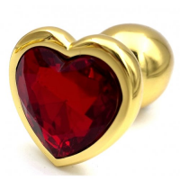 Золотая металлическая анальная пробка с красным камушком в виде сердечка M