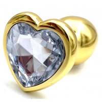 Золотая металлическая анальная пробка с прозрачным камушком в виде сердечка M