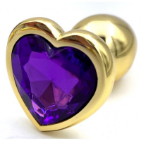 Золотая металлическая анальная пробка с фиолетовым камушком в виде сердечка M