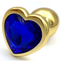 Золотая металлическая анальная пробка с синим камушком в виде сердечка L