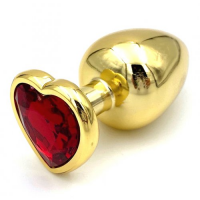 Золотая металлическая анальная пробка с красным камушком в виде сердечка L