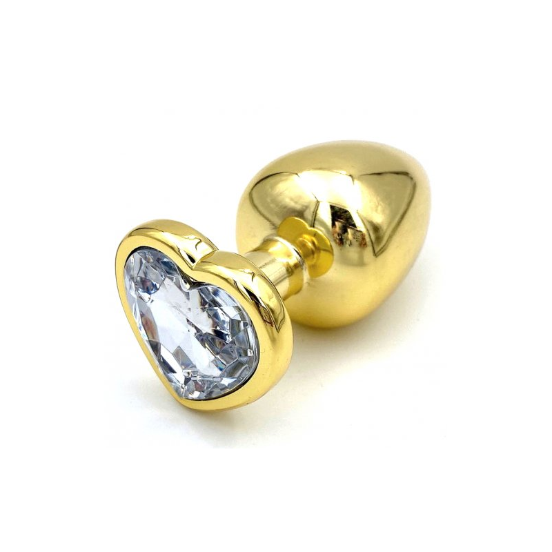 Золотая металлическая анальная пробка с прозрачным камушком в виде сердечка L