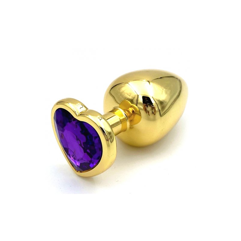Золотая металлическая анальная пробка с фиолетовым камушком в виде сердечка L